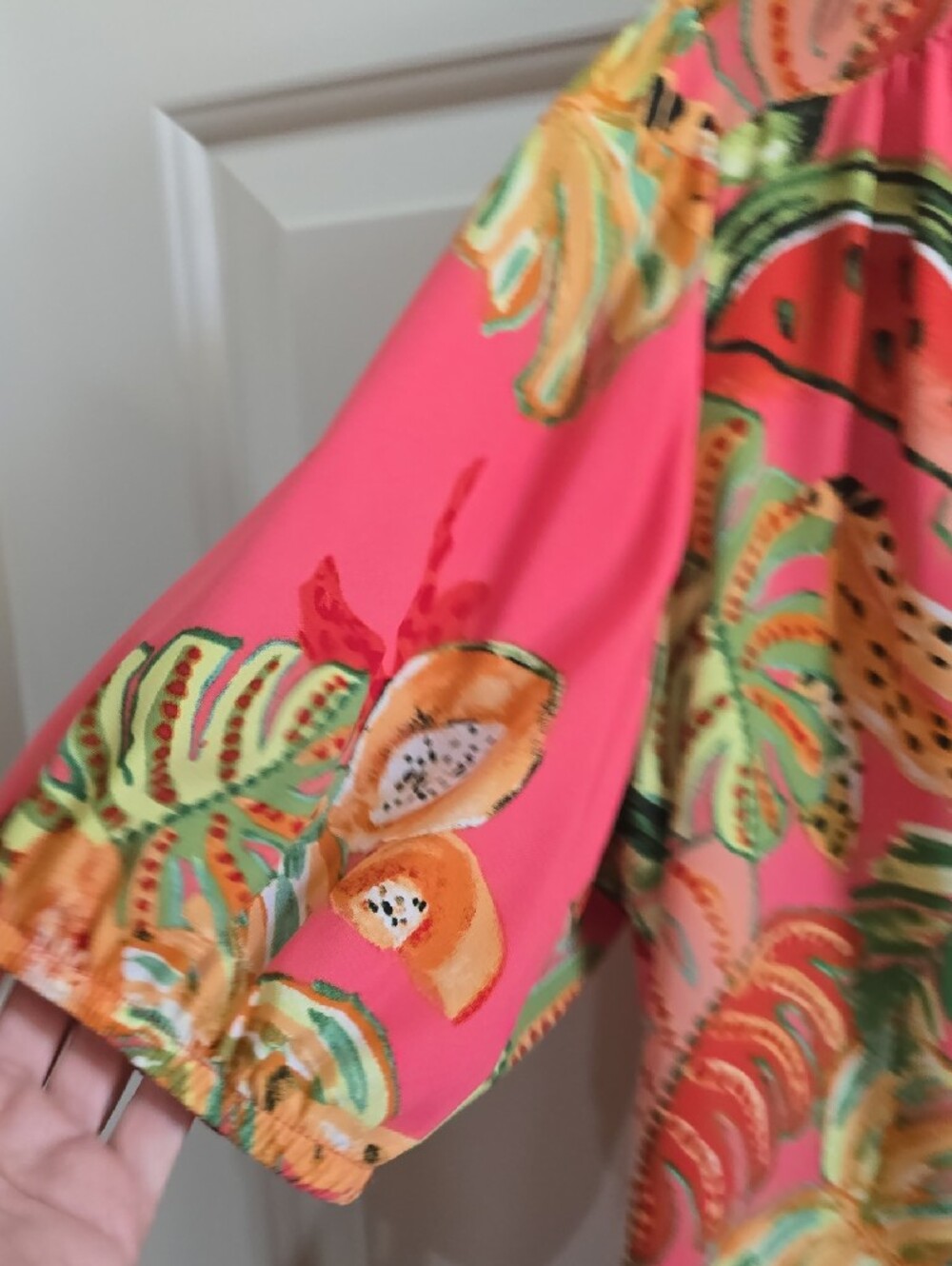 Entro Coral Pink Tropical Fruit Print Short Sleeve Shirt - Picture 3 of 7